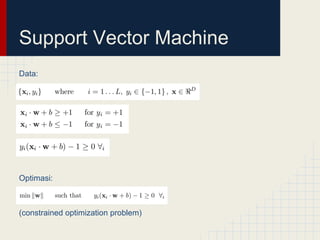 Support Vector Machine
Data:




Optimasi:



(constrained optimization problem)
 