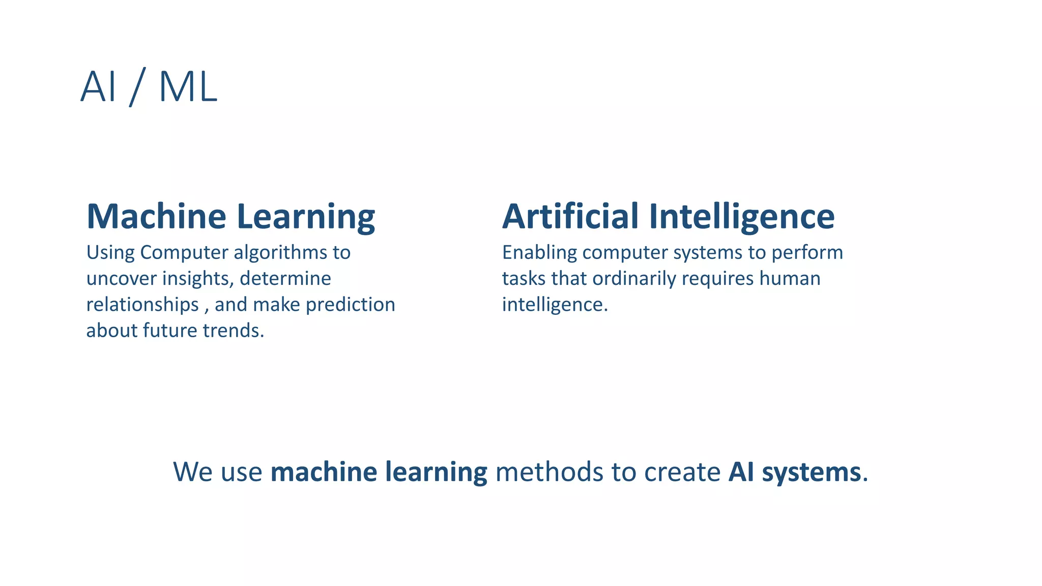 AI / ML
Machine Learning
Using Computer algorithms to
uncover insights, determine
relationships , and make prediction
about future trends.
Artificial Intelligence
Enabling computer systems to perform
tasks that ordinarily requires human
intelligence.
We use machine learning methods to create AI systems.
 
