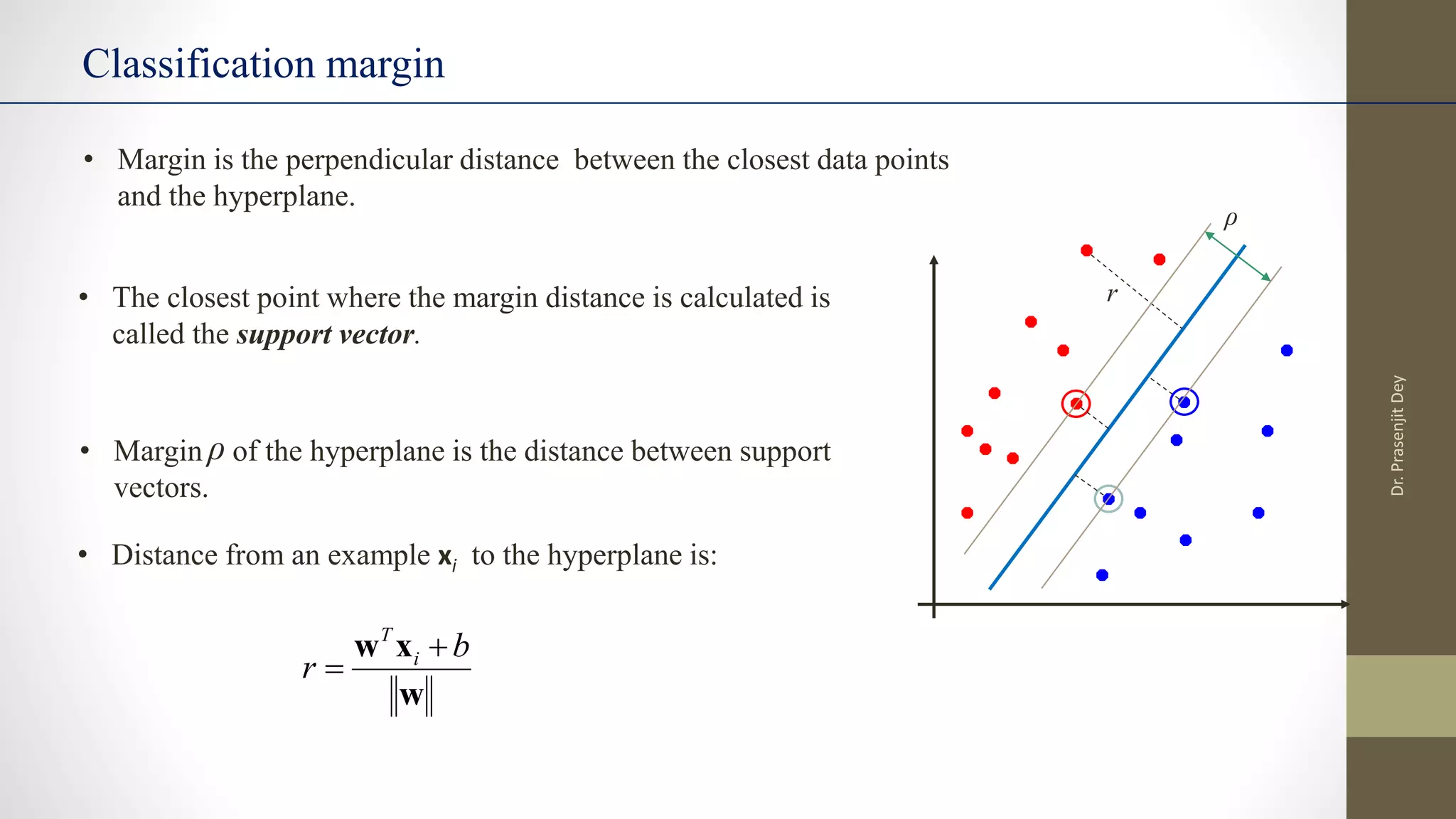 Classification margin
w
x
w b
r i
T


r
ρ
• Margin is the perpendicular distance between the closest data points
and the hyperplane.
• The closest point where the margin distance is calculated is
called the support vector.
• Margin of the hyperplane is the distance between support
vectors.
• Distance from an example xi to the hyperplane is:
ρ
Dr.
Prasenjit
Dey
 