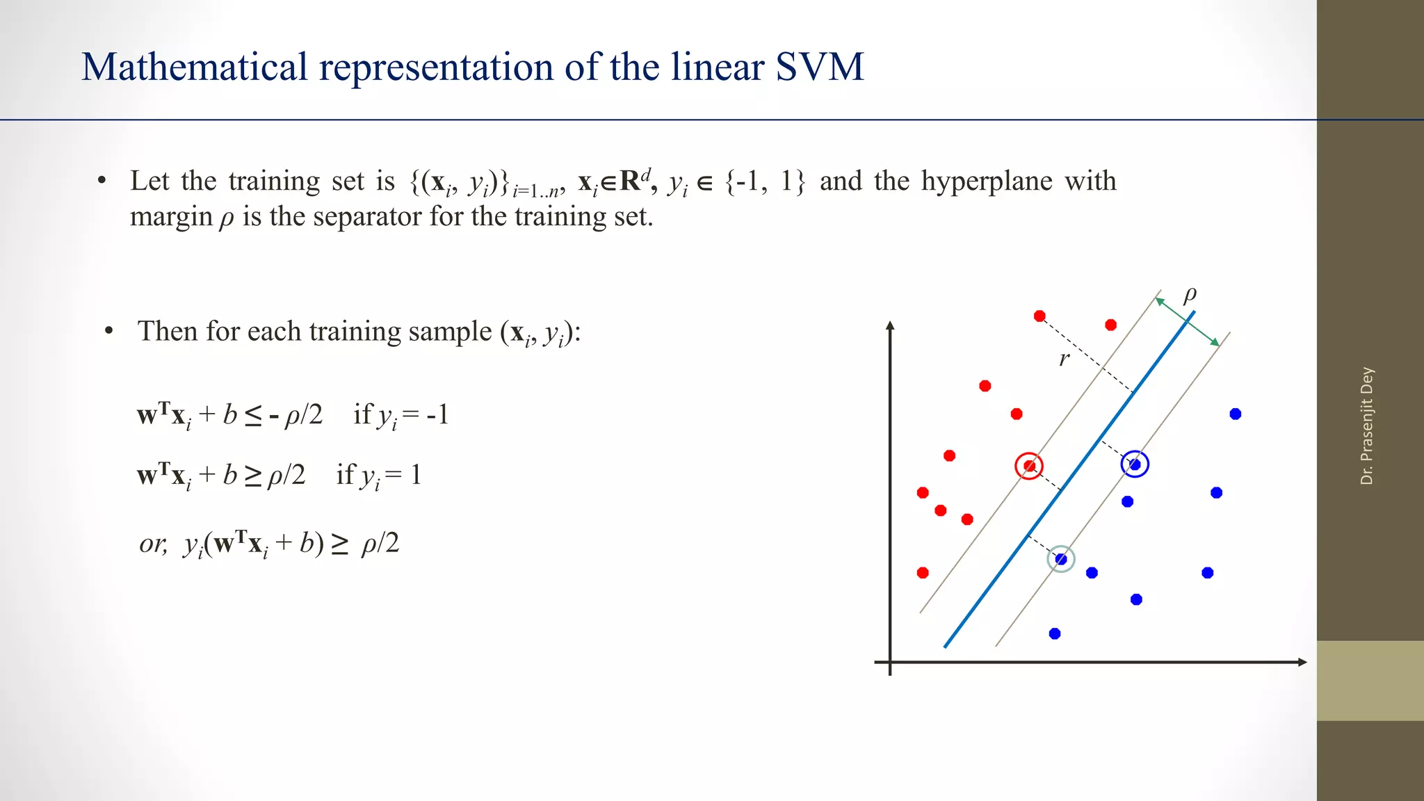 Mathematical representation of the linear SVM
• Let the training set is {(xi, yi)}i=1..n, xiRd, yi  {-1, 1} and the hyperplane with
margin ρ is the separator for the training set.
wTxi + b ≤ - ρ/2 if yi = -1
wTxi + b ≥ ρ/2 if yi = 1
or, yi(wTxi + b) ≥ ρ/2
• Then for each training sample (xi, yi):
r
ρ
Dr.
Prasenjit
Dey
 