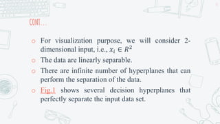 CONT...
o For visualization purpose, we will consider 2-
dimensional input, i.e., 𝑥𝑖 ∈ 𝑅2
o The data are linearly separable.
o There are infinite number of hyperplanes that can
perform the separation of the data.
o Fig.1 shows several decision hyperplanes that
perfectly separate the input data set.
13
 