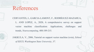 References
CERVANTES, J., GARCIA-LAMONT, F., RODRÍGUEZ-MAZAHUA,
L. AND LOPEZ, A., 2020, A comprehensive survey on support
vector machine classification: Applications, challenges and
trends, Neurocomputing, 408:189-215.
JAKKULA, V., 2006, Tutorial on support vector machine (svm), School
of EECS, Washington State University, 37.
52
 