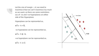 Let the size of margin = d, we need to
maximise d but we can’t maximise d as much
as we want, as there are some restrictions
coz of -ve and +ve hyperplanes on either
side of the Hyperplane.
Hyperplane can be represented as,
wTx - t = 0,
-ve hyperplane can be represented as,
wTx - t ⪬ -1,
+ve hyperplane can be represented as,
wTx - t ≥ 1
-ve class
+ve class
d
+ve
-ve
 
