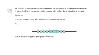 To classify such problems we use Kernel’s trick where we use Kernel functions to
change the lower dimension feature space into higher dimension feature space.
Example:
Can you separate this data represented in One dimension?
No!
What if we change this to higher dimension?
 
