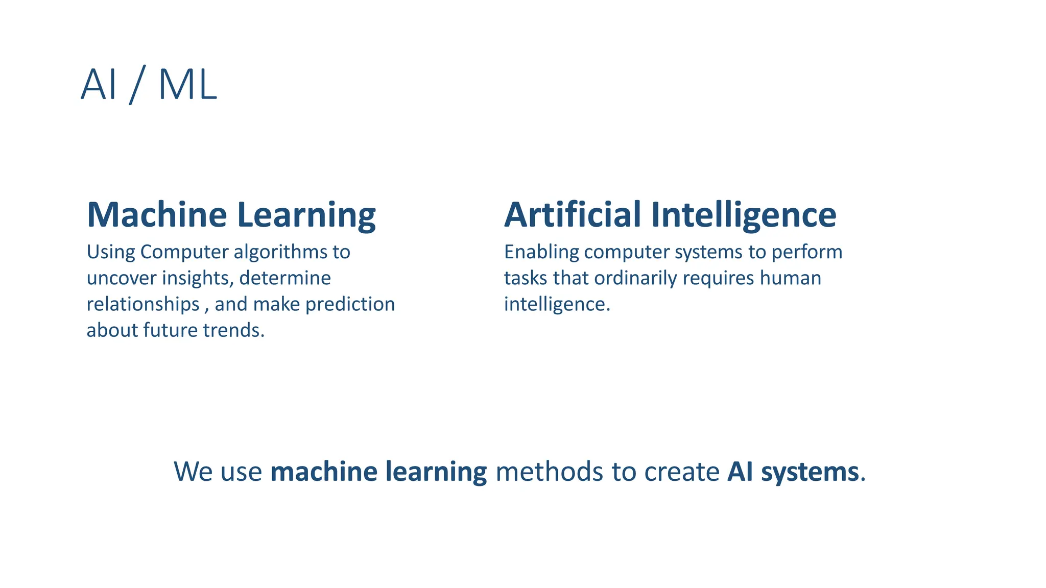AI / ML
Machine Learning
Using Computer algorithms to
uncover insights, determine
relationships , and make prediction
about future trends.
Artificial Intelligence
Enabling computer systems to perform
tasks that ordinarily requires human
intelligence.
We use machine learning methods to create AI systems.
 