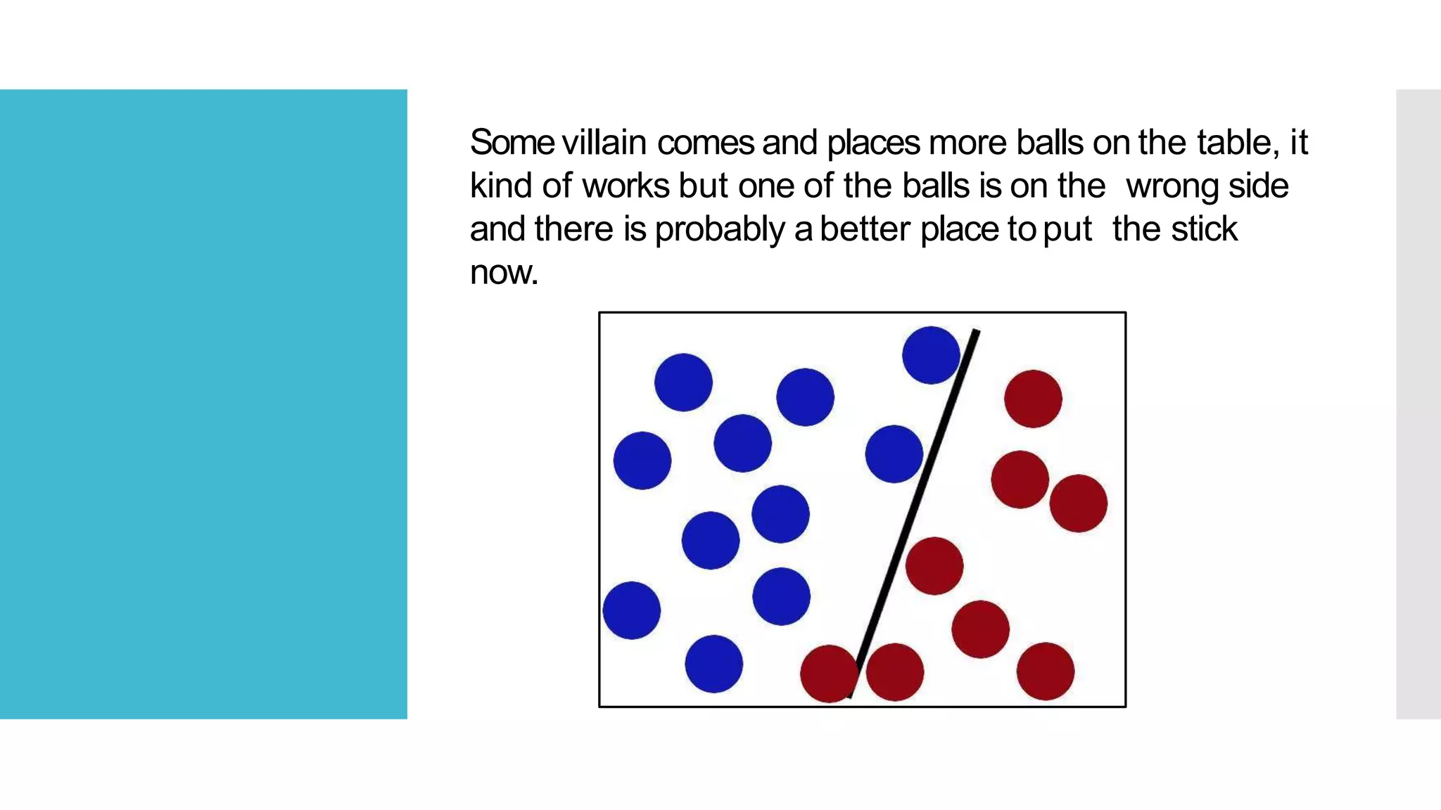 Somevillain comes and places more balls on the table, it
kind of works but one of the balls is on the wrong side
and there is probably abetter place toput the stick
now.
 