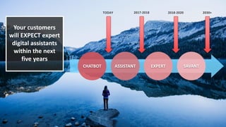 CHATBOT ASSISTANT EXPERT SAVANT
TODAY 2017-2018 2018-2020 2030+
Your	customers	
will	EXPECT	expert	
digital	assistants	
within	the	next	
five	years
 