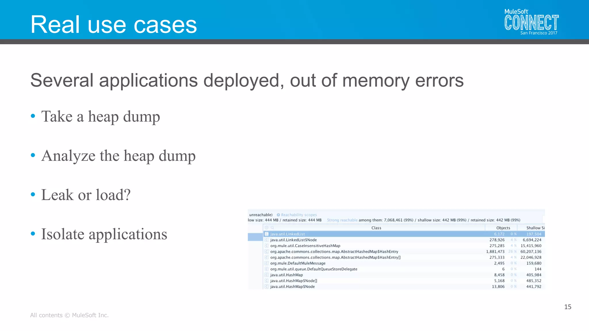 All contents © MuleSoft Inc.
Real use cases
• Take a heap dump
• Analyze the heap dump
• Leak or load?
• Isolate applications
15
Several applications deployed, out of memory errors
 
