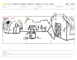Scene
3
Duration
05:08
Panel
1
Duration
05:08
Dialog
ANTHONY (V.O.):
like, two emaciated horses by the stables. There's only a couple of little huts that clearly don't have anybody living
in them.
Dungeons and Daddies Episode 6: Support Your Local Library Page 9/190
 