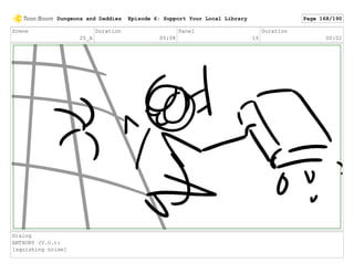 Scene
25_A
Duration
05:08
Panel
10
Duration
00:02
Dialog
ANTHONY (V.O.):
[squishing noise]
Dungeons and Daddies Episode 6: Support Your Local Library Page 168/190
 