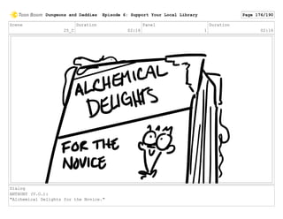 Scene
25_C
Duration
02:16
Panel
1
Duration
02:16
Dialog
ANTHONY (V.O.):
"Alchemical Delights for the Novice."
Dungeons and Daddies Episode 6: Support Your Local Library Page 176/190
 