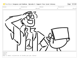 Scene
10
Duration
04:14
Panel
2
Duration
01:19
Dialog
HENRY:
what a swell collection of books you got there!
Dungeons and Daddies Episode 6: Support Your Local Library Page 37/190
 