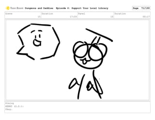 Scene
15
Duration
17:05
Panel
10
Duration
00:17
Dialog
HENRY (O.S.):
Okay.
Dungeons and Daddies Episode 6: Support Your Local Library Page 71/190
 
