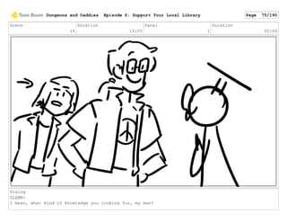 Scene
16
Duration
10:05
Panel
1
Duration
02:04
Dialog
GLENN:
I mean, what kind of knowledge you looking for, my man?
Dungeons and Daddies Episode 6: Support Your Local Library Page 75/190
 