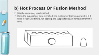 b) Hot Process Or Fusion Method
 It is the commonly used method.
 Here, the suppository base is melted, the medicament is incorporated in it &
filled in lubricated mold. On cooling, the suppositories are removed from the
mold.
 
