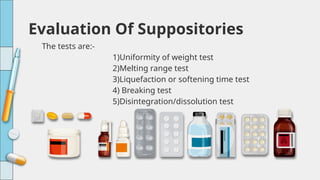 The tests are:-
1)Uniformity of weight test
2)Melting range test
3)Liquefaction or softening time test
4) Breaking test
5)Disintegration/dissolution test
Evaluation Of Suppositories
 