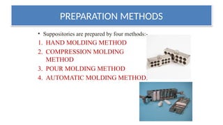 PREPARATION METHODS
• Suppositories are prepared by four methods:-
1. HAND MOLDING METHOD
2. COMPRESSION MOLDING
METHOD
3. POUR MOLDING METHOD
4. AUTOMATIC MOLDING METHOD.
 