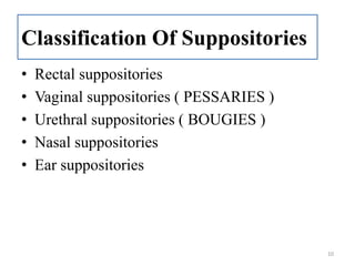 Classification Of Suppositories
• Rectal suppositories
• Vaginal suppositories ( PESSARIES )
• Urethral suppositories ( BOUGIES )
• Nasal suppositories
• Ear suppositories
10
 
