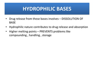 HYDROPHILIC BASES
• Drug release from these bases involves – DISSOLUTION OF
BASE
• Hydrophilic nature contributes to drug release and absorption
• Higher melting points – PREVENTS problems like
compounding , handling , storage
 