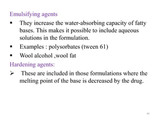 Emulsifying agents
 They increase the water-absorbing capacity of fatty
bases. This makes it possible to include aqueous
solutions in the formulation.
 Examples : polysorbates (tween 61)
 Wool alcohol ,wool fat
Hardening agents:
 These are included in those formulations where the
melting point of the base is decreased by the drug.
44
 