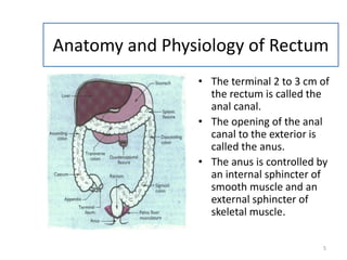 5
Anatomy and Physiology of Rectum
• The terminal 2 to 3 cm of
the rectum is called the
anal canal.
• The opening of the anal
canal to the exterior is
called the anus.
• The anus is controlled by
an internal sphincter of
smooth muscle and an
external sphincter of
skeletal muscle.
 