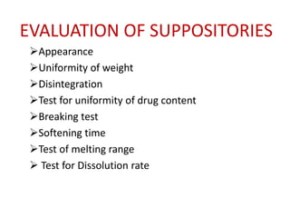 EVALUATION OF SUPPOSITORIES
Appearance
Uniformity of weight
Disintegration
Test for uniformity of drug content
Breaking test
Softening time
Test of melting range
 Test for Dissolution rate
 