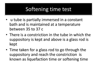 Softening time test
• u tube is partially immersed in a constant
bath and is maintained at a temperature
between 35 to 37 c
• There is a constriction in the tube in which the
suppository is kept and above is a glass rod is
kept
• Time taken for a glass rod to go through the
suppository and reach the constriction is
known as liquefaction time or softening time
 