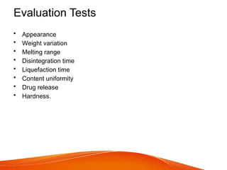 Evaluation Tests
• Appearance
• Weight variation
• Melting range
• Disintegration time
• Liquefaction time
• Content uniformity
• Drug release
• Hardness.
 