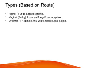 Types (Based on Route)
• Rectal (1–2 g): Local/Systemic.
• Vaginal (3–5 g): Local antifungal/contraceptive.
• Urethral (1–4 g male, 0.5–2 g female): Local action.
 