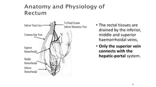 • The rectal tissues are
drained by the inferior,
middle and superior
haemorrhoidal veins,
• Only the superior vein
connects with the
hepatic-portal system.
15
 