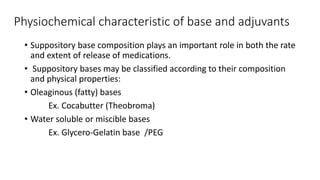 Physiochemical characteristic of base and adjuvants
• Suppository base composition plays an important role in both the rate
and extent of release of medications.
• Suppository bases may be classified according to their composition
and physical properties:
• Oleaginous (fatty) bases
Ex. Cocabutter (Theobroma)
• Water soluble or miscible bases
Ex. Glycero-Gelatin base /PEG
 