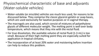Physiochemical characteristic of base and adjuvants
(Water-soluble vehicles)
• Water-soluble (or miscible) vehicles are much less used, for reasons to be
discussed below. They comprise the classic glycerol-gelatin or soap bases,
which are used exclusively for laxative purposes or in vaginal therapy.
• The macrogols are also used, which consist of mixtures of polyethylene
glycols of different molecular weight. The melting point is well over body
temperature, which means that they mix with the rectal fluid.
• For true dissolution, the available volume of rectal fluid (1-3 mL) is too
small. Because of their high melting point they are especially suited for
application in tropical climates,
• The incorporation of at least 20% water and moistening before insertion
can help to reduce this problem.
 