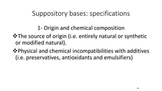Suppository bases: specifications
1- Origin and chemical composition
❖The source of origin (i.e. entirely natural or synthetic
or modified natural).
❖Physical and chemical incompatibilities with additives
(i.e. preservatives, antioxidants and emulsifiers)
34
 