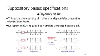 Suppository bases: specifications
4- Hydroxyl value
❖This value give quantity of momo and diglycerides present in
oleogeneous base.
❖Milligram of KOH required to nutralize unreacted acetic acid.
37
 