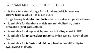 ADVANTANGES OF SUPPOSITORY
• It is the alternated dosage form for drugs which have less
bioavailability when it is taken orally.
• Drugs having bad odor and taste can be used in suppository form.
• It is suitable for the drugs which are metabolized by portal
circulation (first pass effect)
• It is suitable for drugs which produce irritating effect in GIT.
• It is suitable for unconscious patients which can not taken drugs
orally.
• It is suitable for infants and old people who find difficulty in
swallowing of drugs.
 