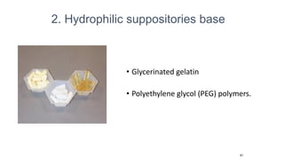 • Glycerinated gelatin
• Polyethylene glycol (PEG) polymers.
61
2. Hydrophilic suppositories base
 