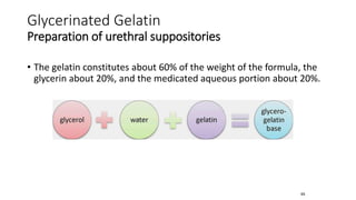 • The gelatin constitutes about 60% of the weight of the formula, the
glycerin about 20%, and the medicated aqueous portion about 20%.
65
Glycerinated Gelatin
Preparation of urethral suppositories
 