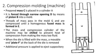 2. Compression molding (machine)
• Prepared mass C is placed in a cylinder A
• It is forced through narrow opening D by means
of piston B into a mold.
• Threads of mass pass in the mold G and are
compressed until a homogenous fused mass is
formed in E.
• The mass and compression cylinder of the
machine may be chilled to prevent heat of
compression from making the mass too fluid.
• When the die is filled with the mass, a movable
end 'plate-F' at the back of the die is removed
• Additional pressure is applied to eject suppository
 