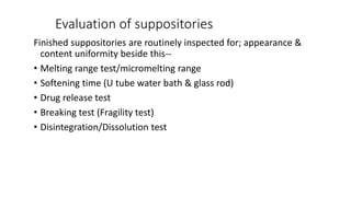 Evaluation of suppositories
Finished suppositories are routinely inspected for; appearance &
content uniformity beside this--
• Melting range test/micromelting range
• Softening time (U tube water bath & glass rod)
• Drug release test
• Breaking test (Fragility test)
• Disintegration/Dissolution test
 
