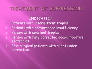 INDICATION
1. Patients with intermittent tropias
2. Patients with convergence insufficiency
3. Person with constant tropias
4. Person with fully corrected accommodative
esotropias
5. Post surgical patients with slight under
correction.
 