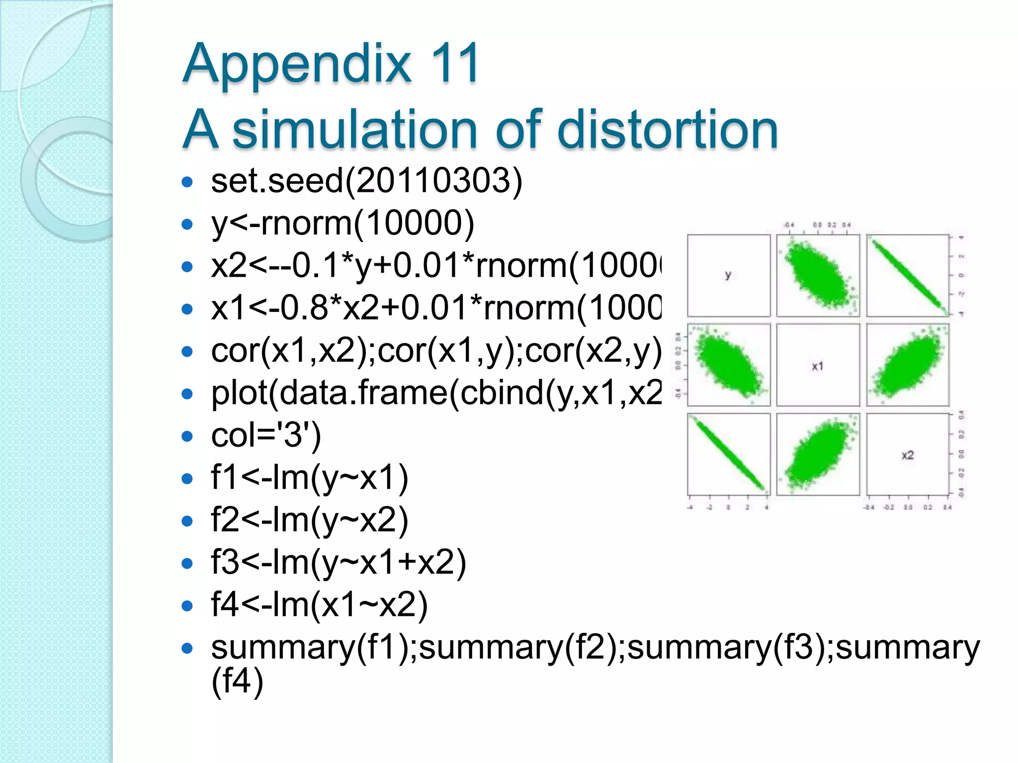  Appendix 1 A simulation of suppression################Jonathan'sexample############################# see http://zjz06.spaces.live.com/blog/cns!3F49BBFB6C5A1D86!341.entryy<-c(1,2,3,4,5)x1<-c(2,3,4,5,1)x2<-c(3,2,1,4,5)cor(y,x1);cor(y,x2);cor(x1,x2)################## partialcorrelations######################library(ggm) data<-cbind(y,x1,x2)# partial correlation between y and x1controlling for x2pcor(c('y','x1','x2'),var(data))pcor(c('y','x2','x1'),var(data))# regression partials the effect ofsupressionfit12<-lm(y~x1+x2)summary(fit1);summary(fit2);summary(fit12)library(QuantPsyc)lm.beta(fit12)#########visualize the data in correlationmatrices###########library(corrgram)#install.packages('corrgram')corrgram(data, order=TRUE,lower.panel=panel.shade,  upper.panel=panel.pie,text.panel=panel.txt,  main="Suppression in zero ordercorrelation")