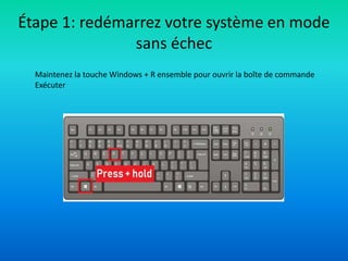 Étape 1: redémarrez votre système en mode
sans échec
Maintenez la touche Windows + R ensemble pour ouvrir la boîte de commande
Exécuter
 