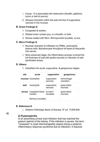 1. Cause : It is associated with obstruction (fecalith, gallstone,
             tumor or ball of worms).
          2. Abscess formation within the wall and foci of suppurative
             necrosis in the mucosa.
     B. Gross Findings،G
          1. Congested & swollen.
          2. Dilated lumen contain pus, or a fecalith, or both.
          3. Serosa coated with fibrin, fibrinopurulent exudate, or pus.
     C. Micro Findings،G
          1. Mucosal ulceration & infiltration by PMNs, eosinophils,
             plasma cells, &lymphocytes throughout all layers & frequently
             into serosa.
          2. More advanced stage, the inflammatory process involved the
             full thickness of wall,with partial necrosis or infarction of wall
             (perforated areas).
     D. Others:
          1. Classified into acute, suppurative, & gangrenous stages.

           site        acute            suppurative      gangrenous

         mucosa neutrophils            suppurative    hemorrhagic
                                       necrosis       ulceration

           wall   neutrophils          suppurative    green-black
                                       necrosis       necrosis

         serosa congested blood purulent              green-black
                vessels         exudates              necrosis

                  fibrinous exudates


     E. Reference،G
          1. Robbins Pathologic Basis of Disease, 6th ed. P.839-840.
،@
      2) Pyelonephritis
      is an ascending urinary tract infection that has reached the
      pyelum (pelvis) of the kidney. If the infection is severe, the term
      "urosepsis" is used interchangeably (sepsis being a systemic
      inflammatory response syndrome due to infection). It requires
 