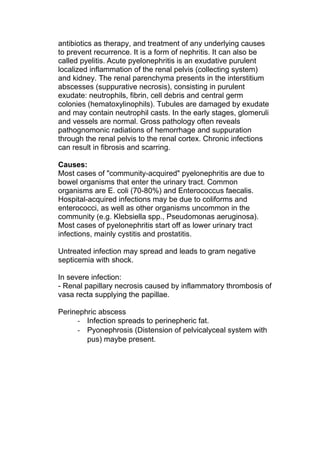 antibiotics as therapy, and treatment of any underlying causes
to prevent recurrence. It is a form of nephritis. It can also be
called pyelitis. Acute pyelonephritis is an exudative purulent
localized inflammation of the renal pelvis (collecting system)
and kidney. The renal parenchyma presents in the interstitium
abscesses (suppurative necrosis), consisting in purulent
exudate: neutrophils, fibrin, cell debris and central germ
colonies (hematoxylinophils). Tubules are damaged by exudate
and may contain neutrophil casts. In the early stages, glomeruli
and vessels are normal. Gross pathology often reveals
pathognomonic radiations of hemorrhage and suppuration
through the renal pelvis to the renal cortex. Chronic infections
can result in fibrosis and scarring.

Causes:
Most cases of "community-acquired" pyelonephritis are due to
bowel organisms that enter the urinary tract. Common
organisms are E. coli (70-80%) and Enterococcus faecalis.
Hospital-acquired infections may be due to coliforms and
enterococci, as well as other organisms uncommon in the
community (e.g. Klebsiella spp., Pseudomonas aeruginosa).
Most cases of pyelonephritis start off as lower urinary tract
infections, mainly cystitis and prostatitis.

Untreated infection may spread and leads to gram negative
septicemia with shock.

In severe infection:
- Renal papillary necrosis caused by inflammatory thrombosis of
vasa recta supplying the papillae.

Perinephric abscess
     - Infection spreads to perinepheric fat.
     - Pyonephrosis (Distension of pelvicalyceal system with
        pus) maybe present.
 