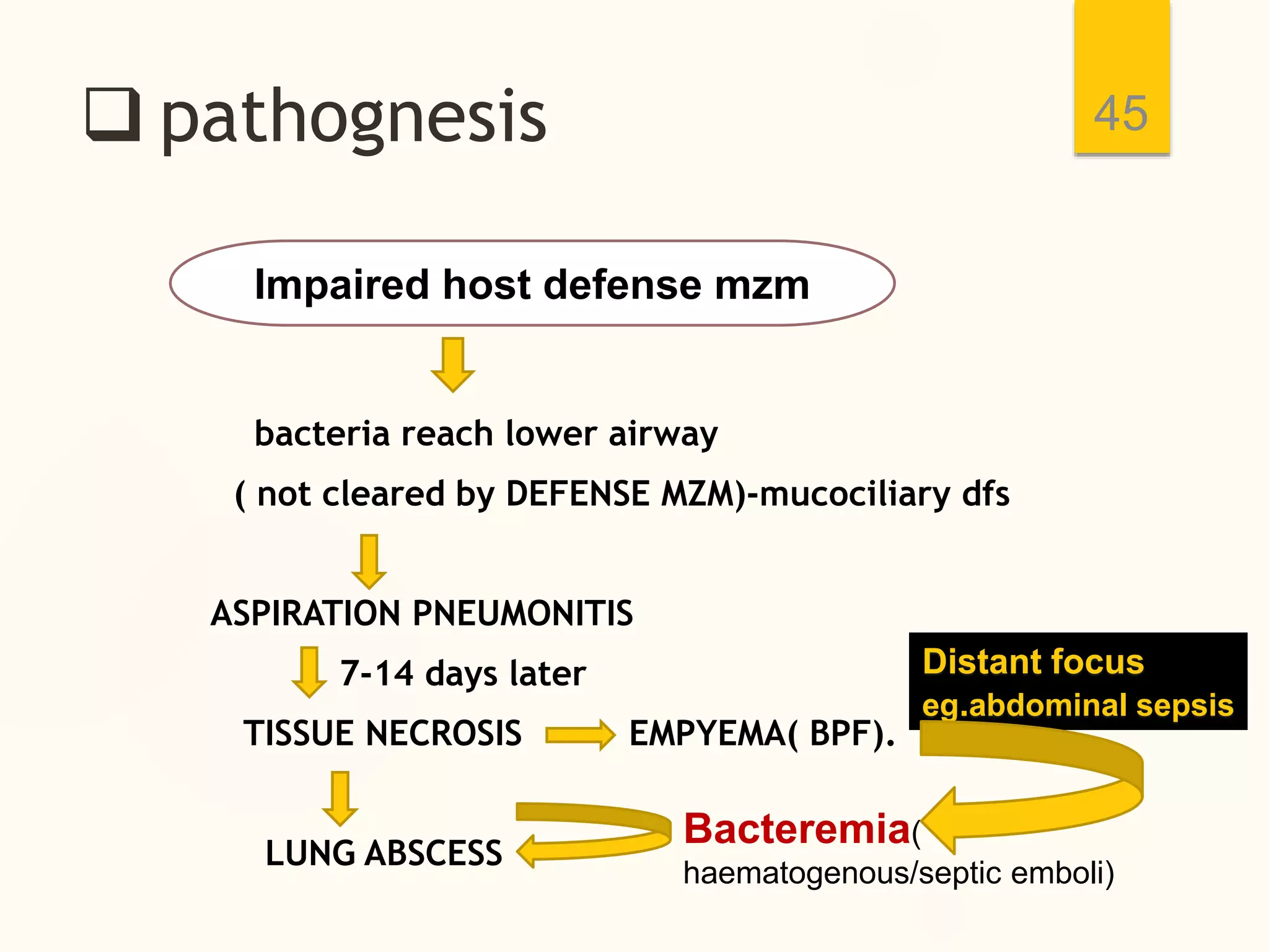  pathognesis
bacteria reach lower airway
( not cleared by DEFENSE MZM)-mucociliary dfs
ASPIRATION PNEUMONITIS
7-14 days later
TISSUE NECROSIS EMPYEMA( BPF).
LUNG ABSCESS
45
Bacteremia(
haematogenous/septic emboli)
Impaired host defense mzm
Distant focus
eg.abdominal sepsis
 