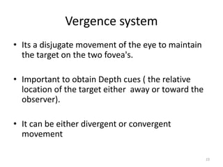 Vergence system
• Its a disjugate movement of the eye to maintain
the target on the two fovea's.
• Important to obtain Depth cues ( the relative
location of the target either away or toward the
observer).
• It can be either divergent or convergent
movement
23
 