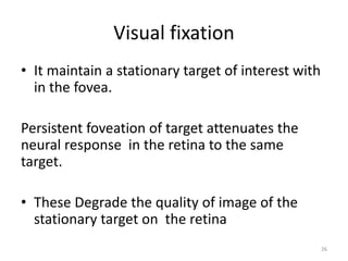 Visual fixation
• It maintain a stationary target of interest with
in the fovea.
Persistent foveation of target attenuates the
neural response in the retina to the same
target.
• These Degrade the quality of image of the
stationary target on the retina
26
 