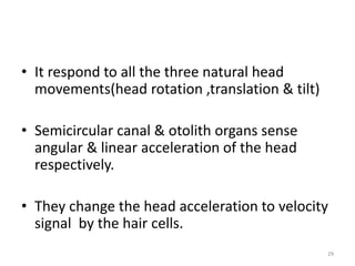 • It respond to all the three natural head
movements(head rotation ,translation & tilt)
• Semicircular canal & otolith organs sense
angular & linear acceleration of the head
respectively.
• They change the head acceleration to velocity
signal by the hair cells.
29
 