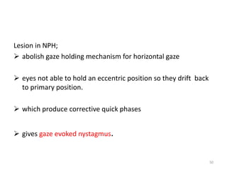 Lesion in NPH;
 abolish gaze holding mechanism for horizontal gaze
 eyes not able to hold an eccentric position so they drift back
to primary position.
 which produce corrective quick phases
 gives gaze evoked nystagmus.
50
 