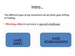 Intro…
The different types of eye movement can be either gaze shifting
or holding;
6
 